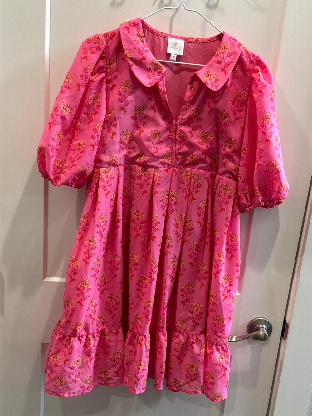 J. Marie Small Pink Floral Puff-Sleeve Mini Dress Peter Pan Collar